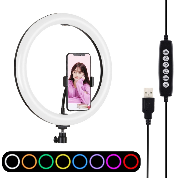 

PULUZ 11.8 inch 30cm Curved Surface USB 10 Modes 8 Colors RGBW Dimmable LED Ring Vlogging Photography Video Lights with Tripod Ball Head & Phone Clamp(Black)