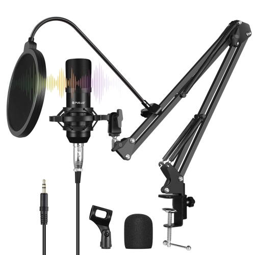 Puluz Condenser Microphone Studio Broadcast Professional Singing Microphone Kits with Suspension Scissor Arm＆Metal Shock Mount＆USB Sound Card（黒）