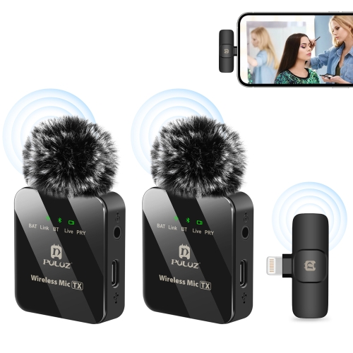Micrófono Lavalier inalámbrico PULUZ para iPhone/iPad, receptor de 8 pines y micrófonos duales (negro)
