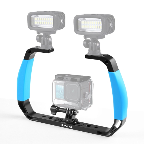 PULUZ Dual Silicone Handles อลูมิเนียมอัลลอยด์แท่นดำน้ำใต้น้ำสำหรับ GoPro, DJI OSMO Action, Insta360 และกล้องแอคชั่นอื่น ๆ (สีน้ำเงิน)