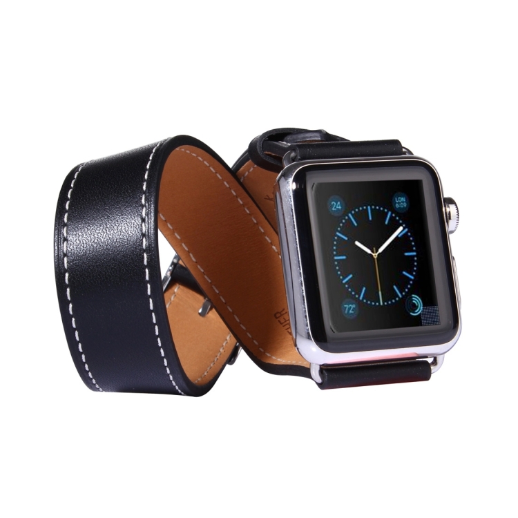 

For Apple Watch 42mm Double Circle Style Metal Buckle Cowhide Leather Watch Band with Connector(Black)