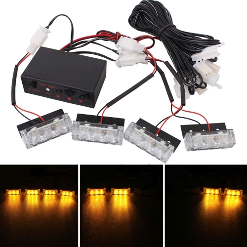 

4 x 3 LED Car Front Grille Police Warning Lights Yellow Flashing Waterproof Emergency Strobe Light Lamp, DC 12V, Pack of 4