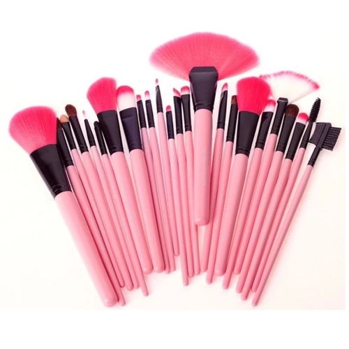 24 pinceles de maquillaje con mango rosa de pelo de cabra y estuche rosa