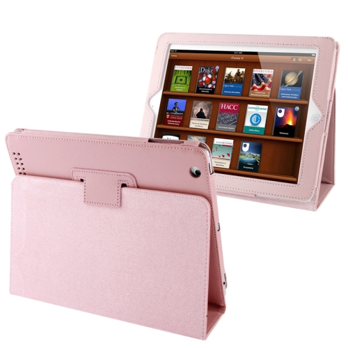 

High Quality Litchi Texture Folding Leather with Sleep / Wake-up & Holder Function for iPad 2 / iPad 3 / iPad 4(Pink)