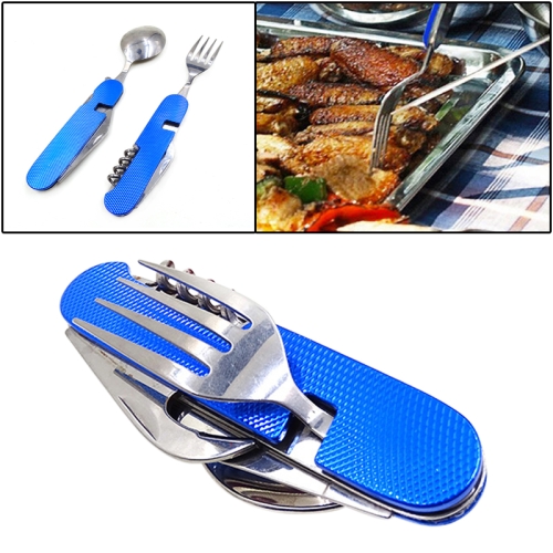 

6-in-1 Stainless Steel Travel / Camping Folding Cutlery Set, Spoon + Fork + Knife + Bottle Opener Set(Blue)