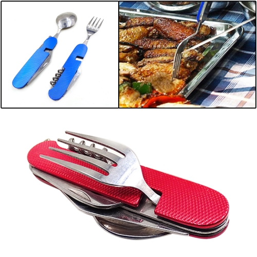 

6-in-1 Stainless Steel Travel / Camping Folding Cutlery Set, Spoon + Fork + Knife + Bottle Opener Set(Red)