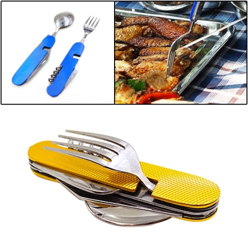 

4-in-1 Stainless Steel Travel / Camping Folding Cutlery Set, Spoon + Fork + Knife + Bottle Opener Set(Yellow)