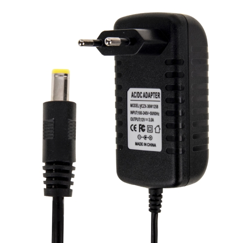 

EU Plug AC 100-240V to DC 12V 3A Power Adapter, Tips: 5.5 x 2.1mm, Cable Length: about 1.2m(Black)