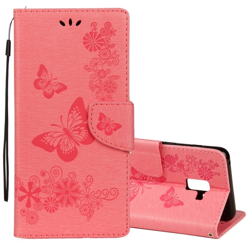 

For Galaxy A8 (2018) Vintage Embossed Floral Butterfly Pattern Horizontal Flip Leather Case with Card Slot & Holder & Wallet & Lanyard(Pink)