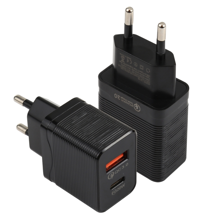 

LZ-728 QC 3.0 USB + PD 20W USB-C / Type-C Fast Travel Charger, EU Plug(Black)