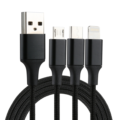 

2A 1.2m 3 in 1 USB to 8 Pin & USB-C / Type-C & Micro USB Nylon Weave Charging Cable(Black)