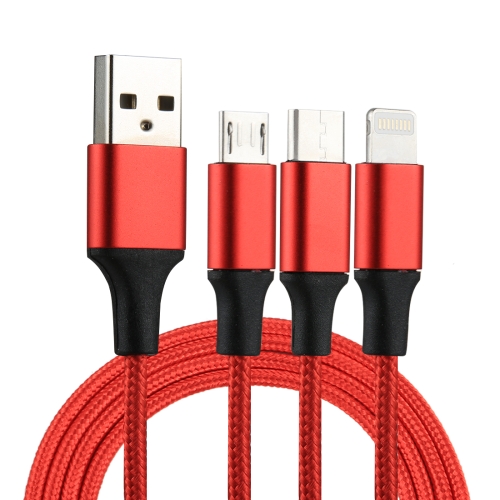 

2A 1.2m 3 in 1 USB to 8 Pin & USB-C / Type-C & Micro USB Nylon Weave Charging Cable(Red)