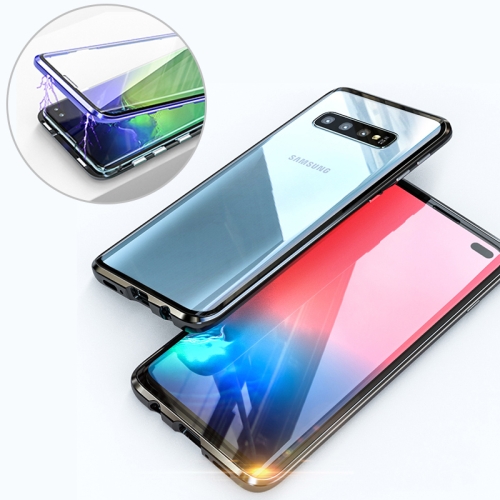 

UltUltra Slim Double Sides Magnetic Adsorption Angular Frame Tempered Glass Magnet Flip Case for Galaxy S10, Screen Fingerprint Unlock Is Supported(Black)