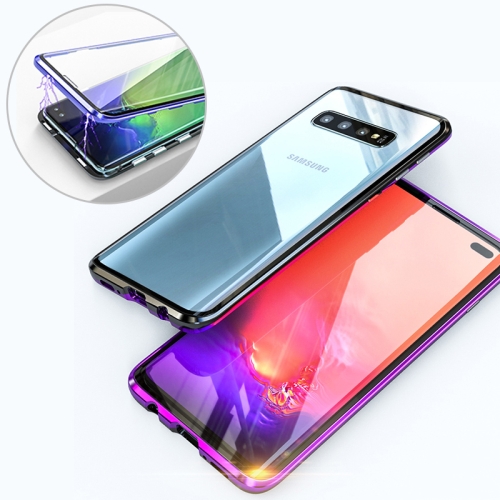 

UltUltra Slim Double Sides Magnetic Adsorption Angular Frame Tempered Glass Magnet Flip Case for Galaxy S10, Screen Fingerprint Unlock Is Supported(Black purple)