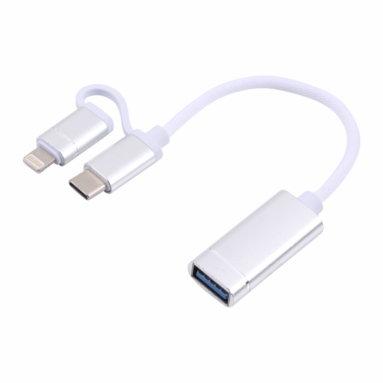 

USB 3.0 Female to 8 Pin + USB-C / Type-C Male Charging + Transmission OTG Nylon Braided Adapter Cable, Cable Length: 11cm(Silver + White)