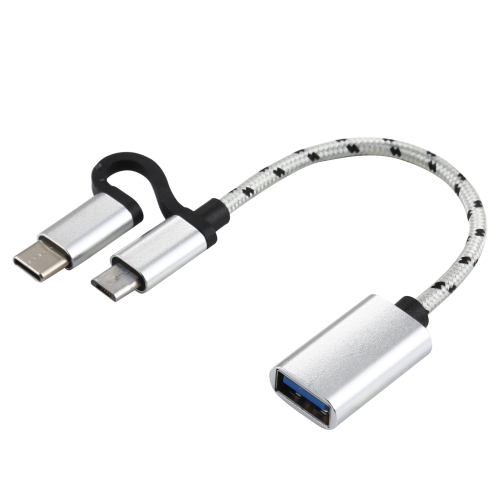 

USB 3.0 Female to Micro USB + USB-C / Type-C Male Charging + Transmission OTG Nylon Braided Adapter Cable, Cable Length: 11cm(Silver)