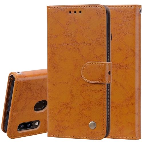

Business Style Oil Wax Texture Horizontal Flip Leather Case for Galaxy A20e, with Holder & Card Slots & Wallet (Brown)