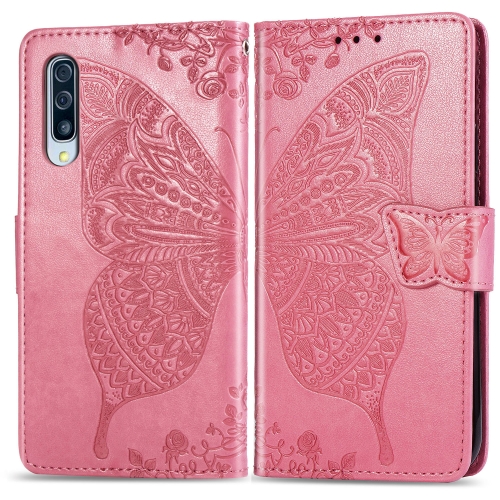 

Butterfly Love Flowers Embossing Horizontal Flip Leather Case for Galaxy A50, with Holder & Card Slots & Wallet & Lanyard (Pink)