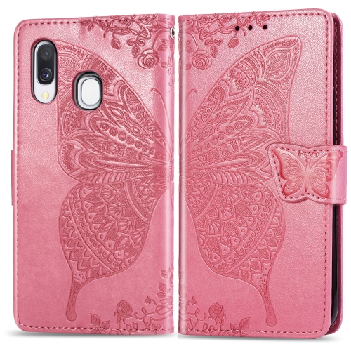 

Butterfly Love Flowers Embossing Horizontal Flip Leather Case for Galaxy A40, with Holder & Card Slots & Wallet & Lanyard (Pink)