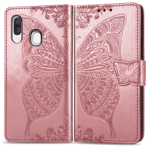 

Butterfly Love Flowers Embossing Horizontal Flip Leather Case for Galaxy A40, with Holder & Card Slots & Wallet & Lanyard (Rose Gold)