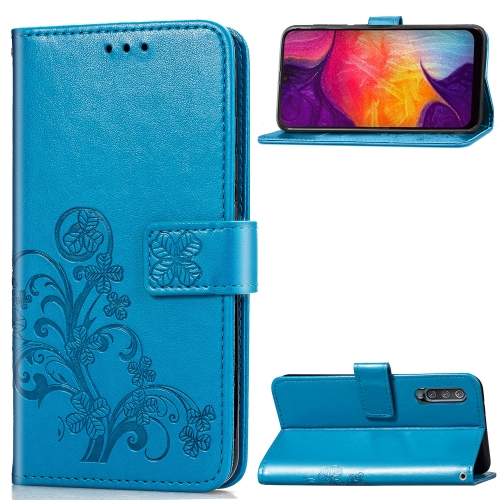 

Lucky Clover Pressed Flowers Pattern Leather Case for Galaxy A50, with Holder & Card Slots & Wallet & Hand Strap (Blue)