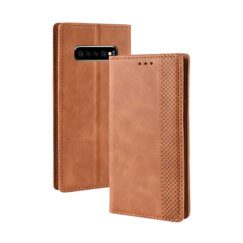 

Magnetic Buckle Retro Texture Horizontal Flip Leather Case for Galaxy S10+, with Holder & Card Slots & Wallet (Brown)