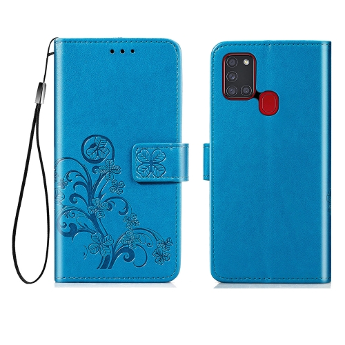 

For Samsung Galaxy A21s Four-leaf Clasp Embossed Buckle Mobile Phone Protection Leather Case with Lanyard & Card Slot & Wallet & Bracket Function(Blue)