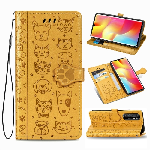 

For Xiaomi Mi Note 10 Lite Lovely Cat and Dog Embossing Pattern Horizontal Flip Leather Case , with Holder & Card Slots & Wallet & Cartoon Clasp & Lanyard(Yellow)