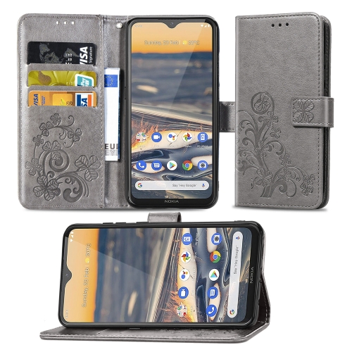 

For Nokia 5.3 Lucky Clover Pressed Flowers Pattern Leather Case with Holder & Card Slots & Wallet & Hand Strap(Gray)