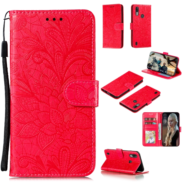

For Motorola Moto E6S 2020 Lace Flower Embossing Pattern Horizontal Flip Leather Case , with Holder & Card Slots & Wallet & Photo Frame & Lanyard(Red)