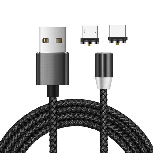 

2 in 1 USB to Micro USB + USB-C / Type-C Magnetic Metal Connector Nylon Two-color Braided Magnetic Data Cable, Cable Length: 1m(Black)