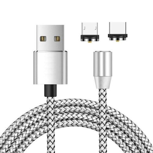 

2 in 1 USB to Micro USB + USB-C / Type-C Magnetic Metal Connector Nylon Two-color Braided Magnetic Data Cable, Cable Length: 1m(Silver)