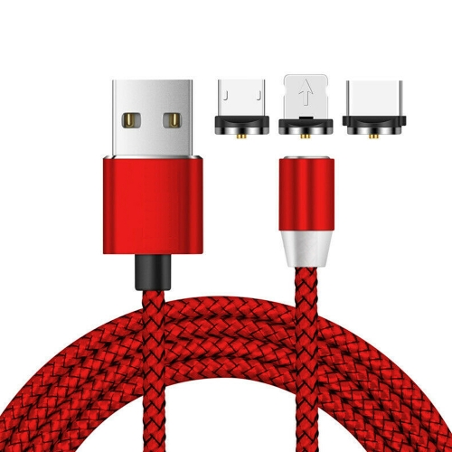 

3 in 1 USB to 8 Pin + Type-C/USB-C + Micro USB Magnetic Metal Interface Nylon Braided Charging Cable, Length: 1m(Red)