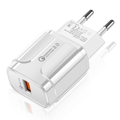 Portable QC3.0 18W USB Port Universal Quick Charging Charger, EU Plug(White) 100v 240v ac charging cord universal for rechargeable flashlight 1101