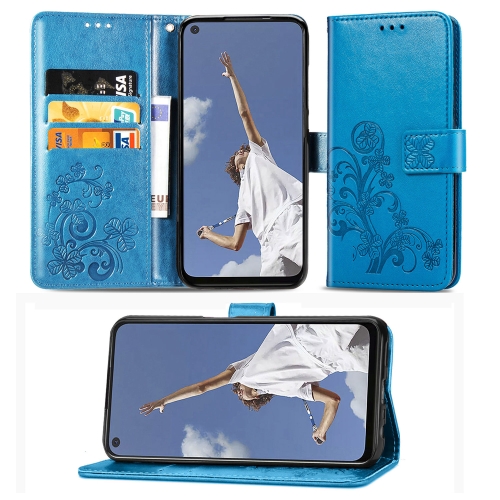 

For OPPO A72/A52/A92 Four-leaf Clasp Embossed Buckle Mobile Phone Protection Leather Case with Lanyard & Card Slot & Wallet & Bracket Function(Blue)