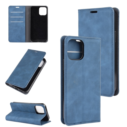 

For iPhone 12 / 12 Pro Retro-skin Business Magnetic Suction Leather Case with Holder & Card Slots & Wallet(Dark Blue)