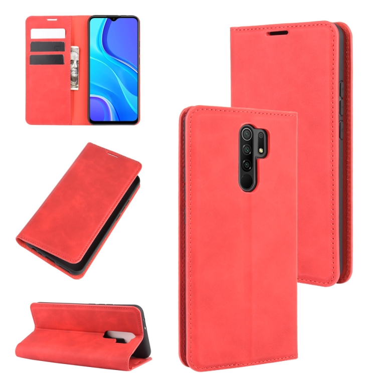 

For Xiaomi Redmi 9 Retro-skin Business Magnetic Suction Leather Case with Holder & Card Slots & Wallet(Red)