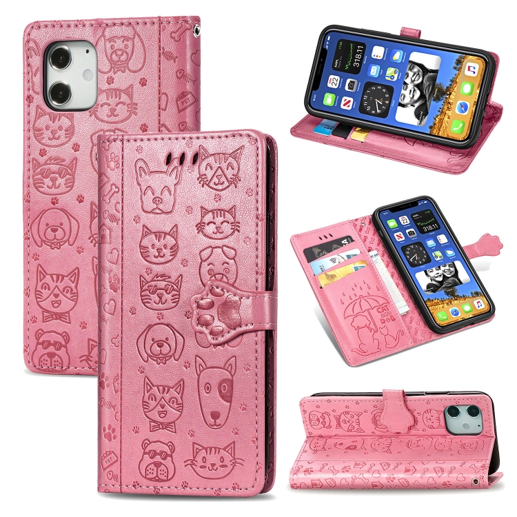 

For iPhone 12 Pro Max Cute Cat and Dog Embossed Horizontal Flip Leather Case with Holder & Card Slots & Wallet & Lanyard(Pink)