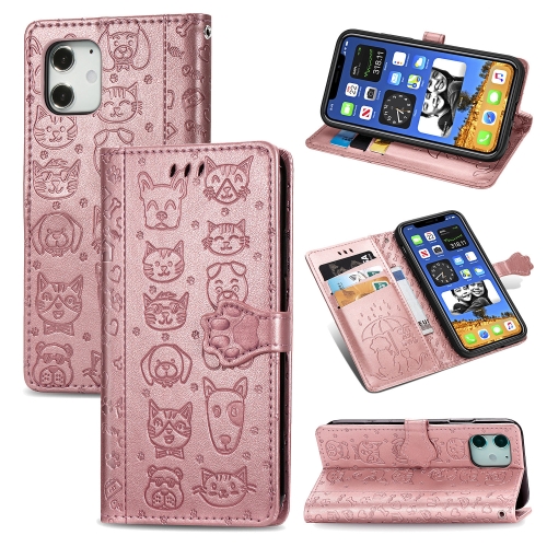 

For iPhone 12 / 12 Pro Cute Cat and Dog Embossed Horizontal Flip Leather Case with Holder & Card Slots & Wallet & Lanyard(Rose Gold)