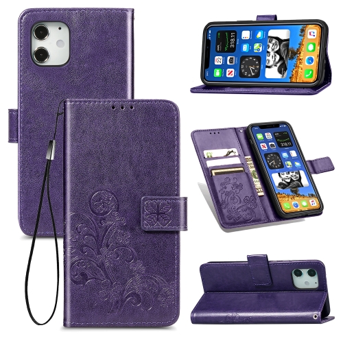 

For iPhone 12 / 12 Pro Four-leaf Clasp Embossed Buckle Mobile Phone Protection Leather Case with Lanyard & Card Slot & Wallet & Bracket Function(Purple)