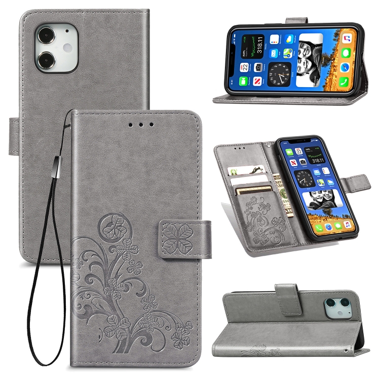 

For iPhone 12 / 12 Pro Four-leaf Clasp Embossed Buckle Mobile Phone Protection Leather Case with Lanyard & Card Slot & Wallet & Bracket Function(Grey)