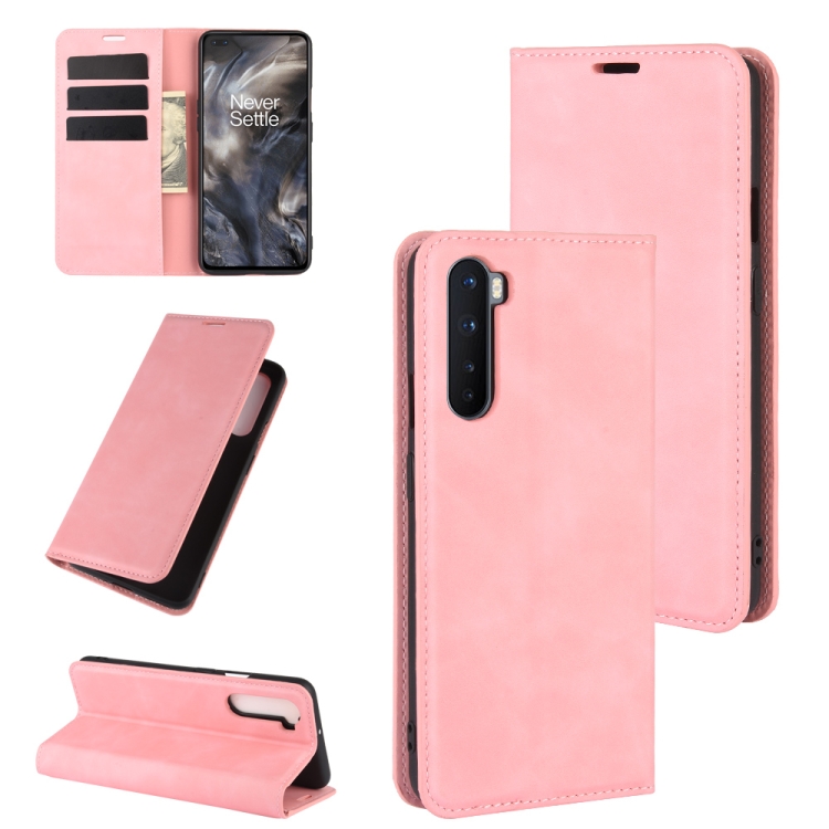 

For OnePlus Nord Retro-skin Business Magnetic Suction Leather Case with Holder & Card Slots & Wallet(Pink)