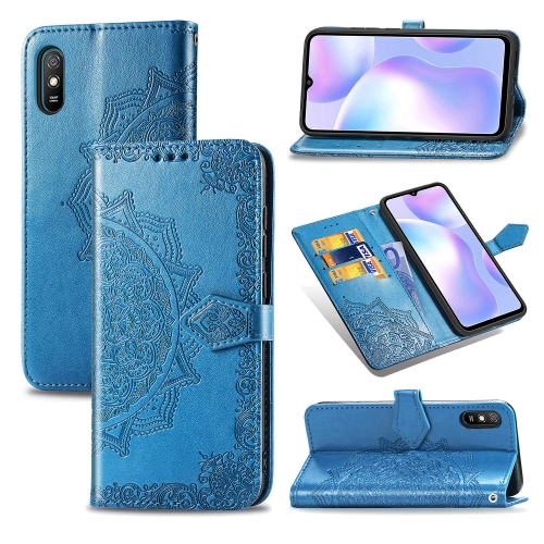 

For Xiaomi Redmi 9A Halfway Mandala Embossing Pattern Horizontal Flip Leather Case with Holder & Card Slots & Wallet & Lanyard(Blue)