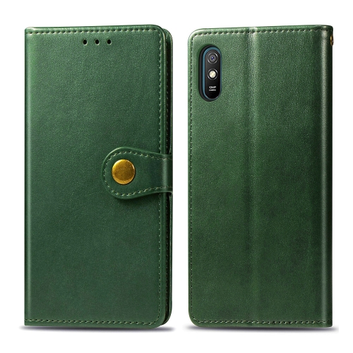 

For Xiaomi Redmi 9A Retro Solid Color Leather Buckle Phone Case with Lanyard & Photo Frame & Card Slot & Wallet & Stand Function(Green)