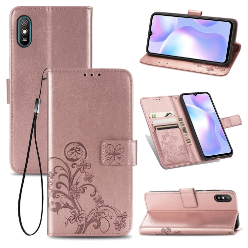 

For Xiaomi Redmi 9A Four-leaf Clasp Embossed Buckle Horizontal Flip TPU + PU Leather Case with Lanyard & Card Slot & Wallet & Holder(Rose Gold)