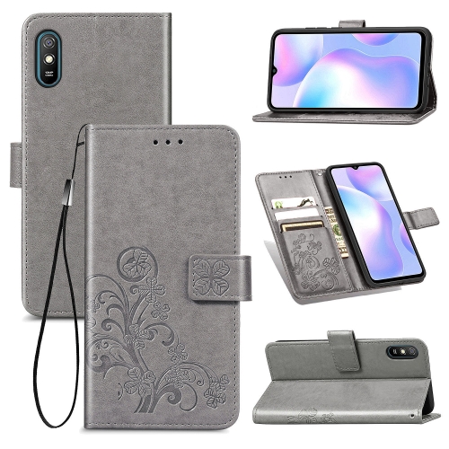 

For Xiaomi Redmi 9A Four-leaf Clasp Embossed Buckle Horizontal Flip TPU + PU Leather Case with Lanyard & Card Slot & Wallet & Holder(Gray)