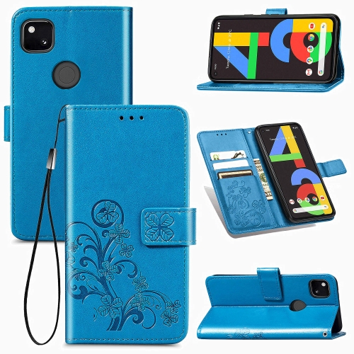 

For Google Pixel 4A Four-leaf Clasp Embossed Buckle Mobile Phone Protection Leather Case with Lanyard & Card Slot & Wallet & Bracket Function(Blue)