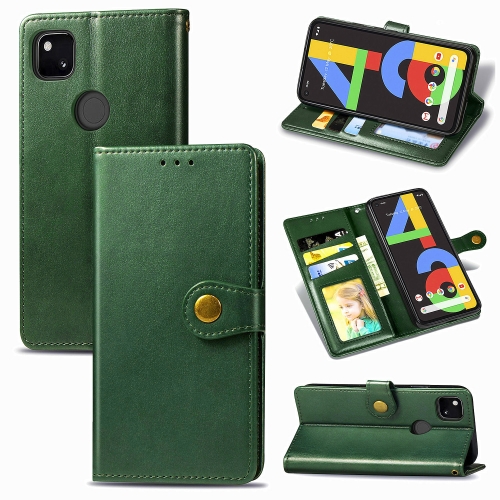 

For Google Pixel 4A Retro Solid Color Leather Buckle Phone Case with Lanyard & Photo Frame & Card Slot & Wallet & Stand Function(Green)