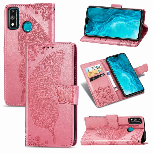 

For Huawei Honor 9X Lite Butterfly Love Flower Embossed Horizontal Flip Leather Case with Bracket / Card Slot / Wallet / Lanyard(Pink)