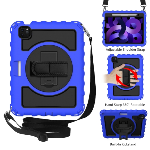 

For iPad Air 2022 / 2020 10.9 360 Degree Rotation PC + Silicone Shockproof Combination Case with Holder & Hand Grip Strap & Neck Strap & Pen Slot Holder(Blue)